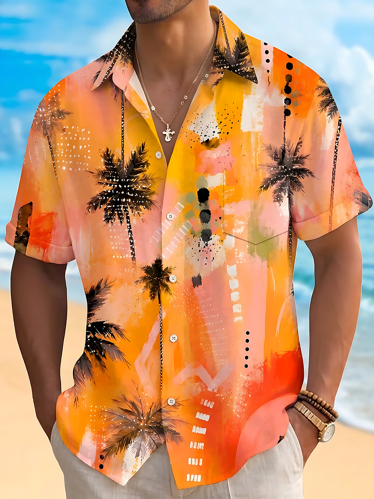 Hawaiian Coconut Tree Men's Pocket Short Sleeve Shirts