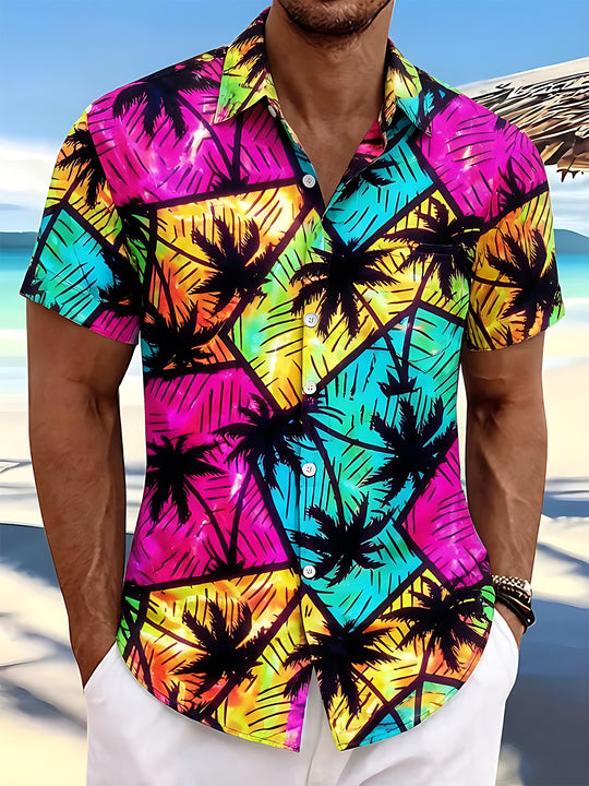 Hawaiian Dazzling Colorful Block Diamond Grid Coconut Tree Men's Pocket Short Sleeve Shirts
