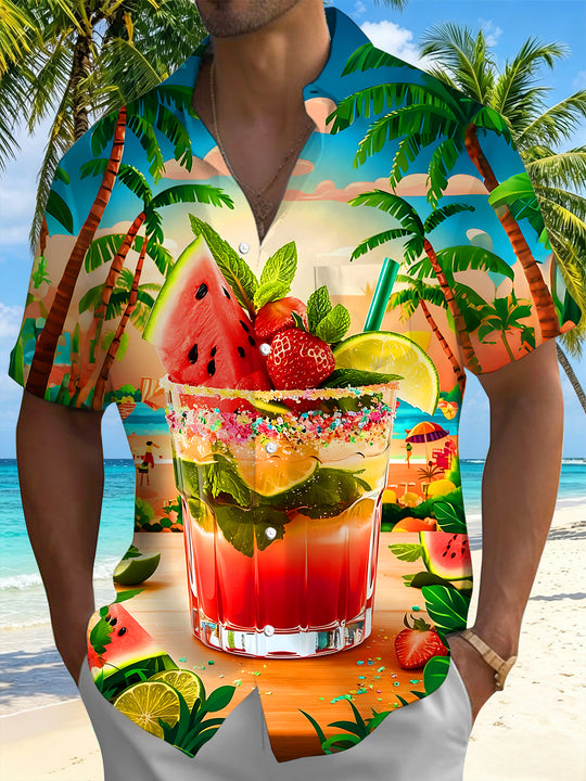 Hawaiian Beach Watermelon Fruit Cocktail Coconut Tree Vacation Men's Pocket Short Sleeve Shirts