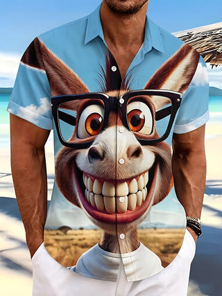 Adaychic Men's Donkey Face Graphic Print Short Sleeve Button Down Shirt with Chest Pocket