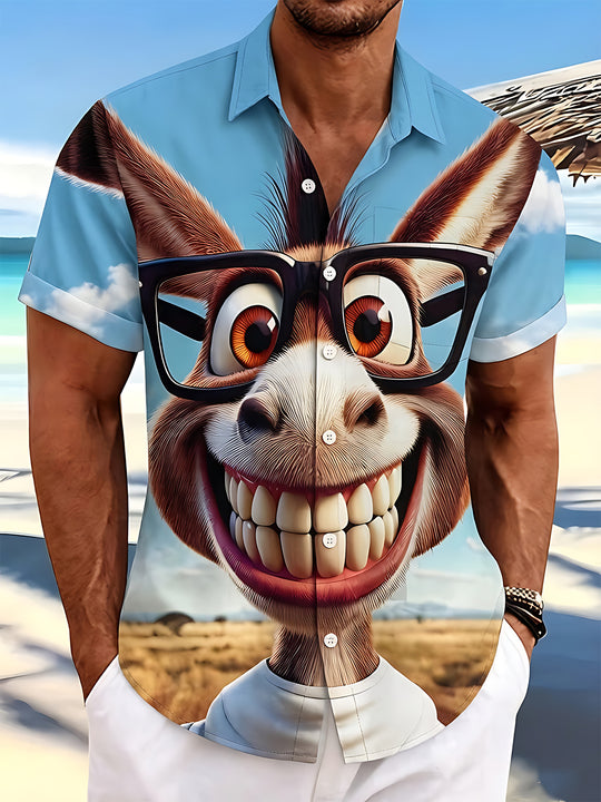 Fun Cartoon Big Glasses Smiling Donkey Blue Sky White Cloud Men's Pocket Short Sleeve Shirts