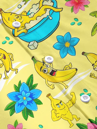 Women's banana print Hawaiian short sleeve shirt flat lay view