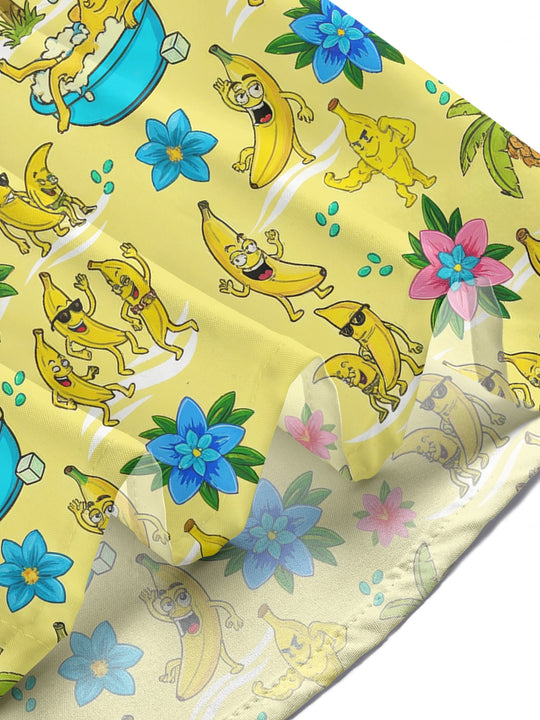 Women's banana print Hawaiian short sleeve shirt on tropical beach vacation lifestyle view