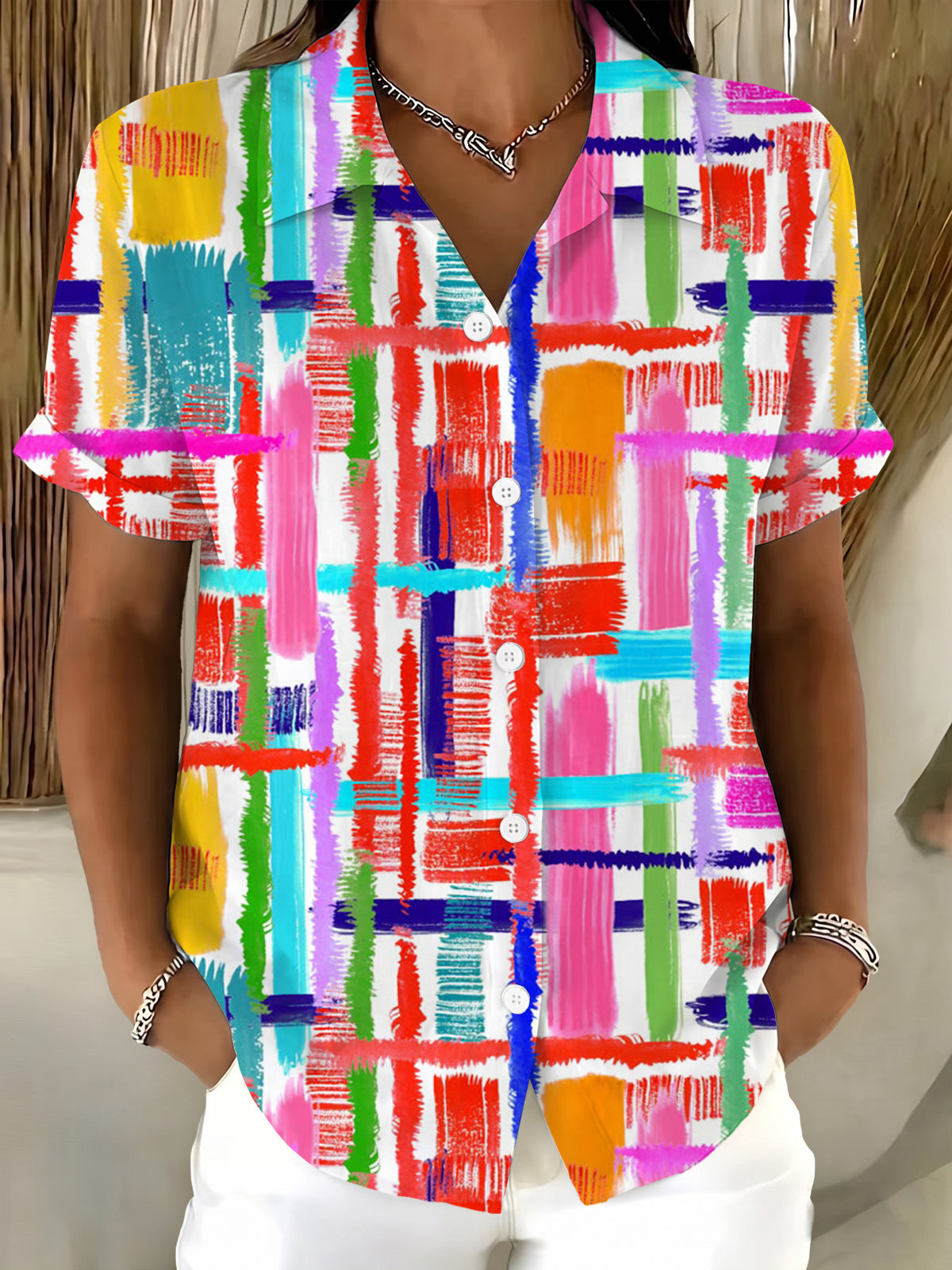 Women's geometric short sleeve shirt front view