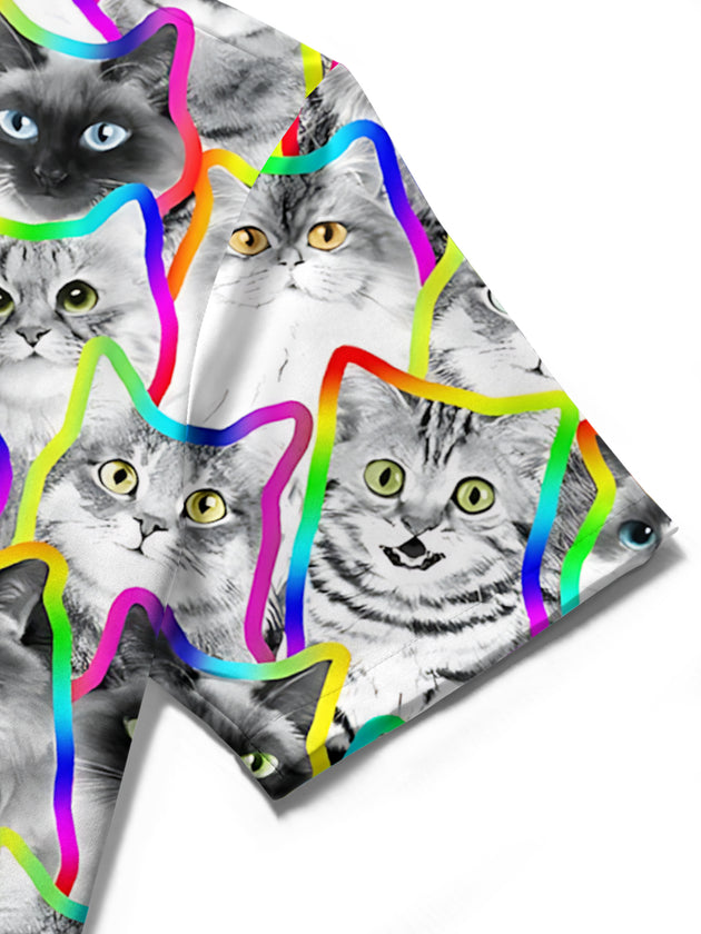 Women cat print short sleeve shirt close-up detail