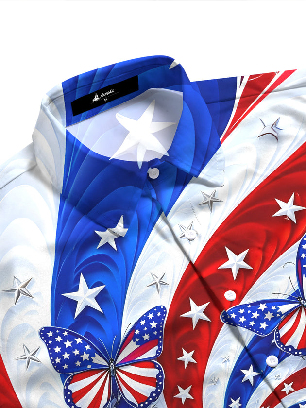 Women's patriotic USA print short sleeve shirt side view with butterfly swirls