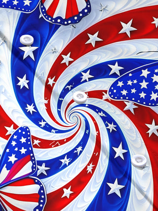 Women's American flag swirl butterfly pattern short sleeve shirt flat lay