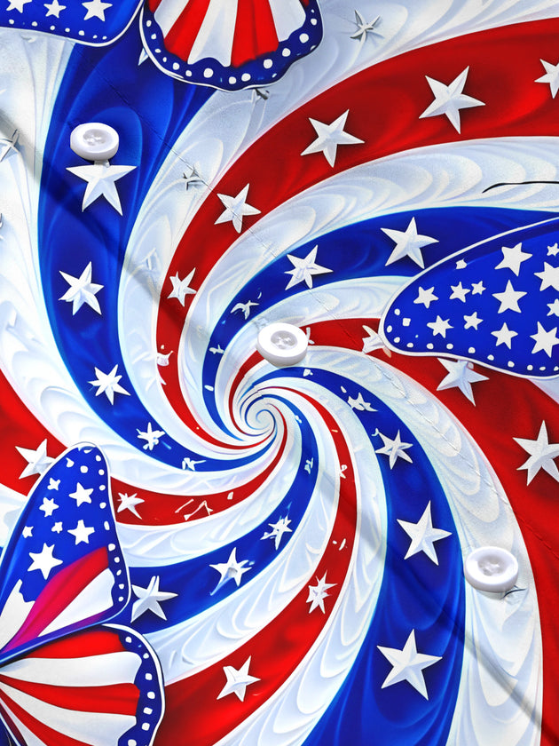 Women's American flag swirl butterfly pattern short sleeve shirt flat lay