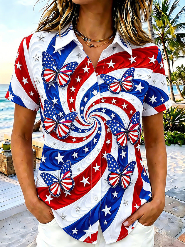 Women's American flag print short sleeve shirt front view Independence Day