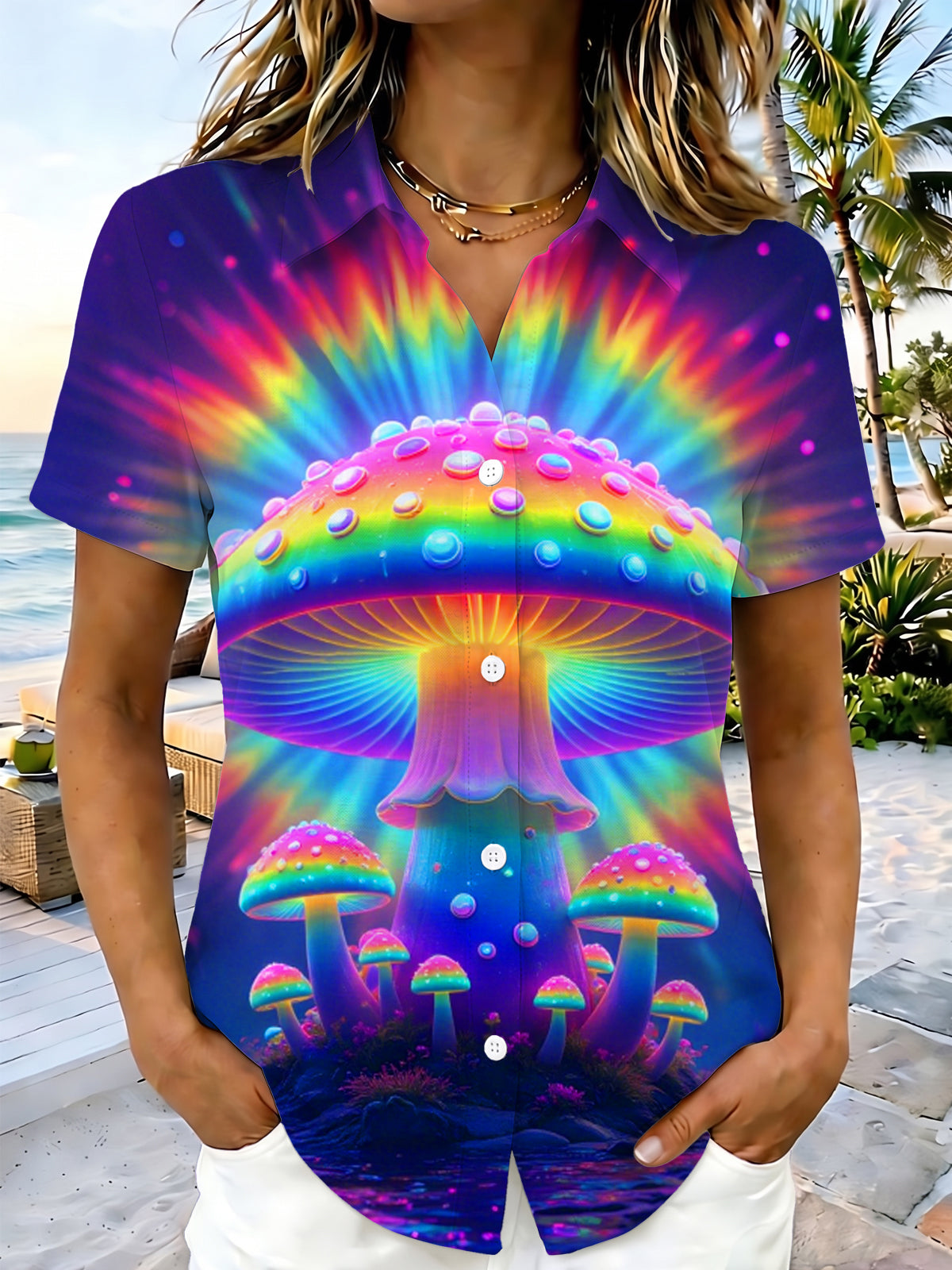 women's mushroom print shirt front view