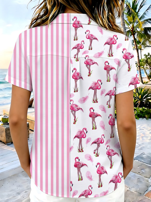 women's flamingo stripe print short sleeve shirt back view