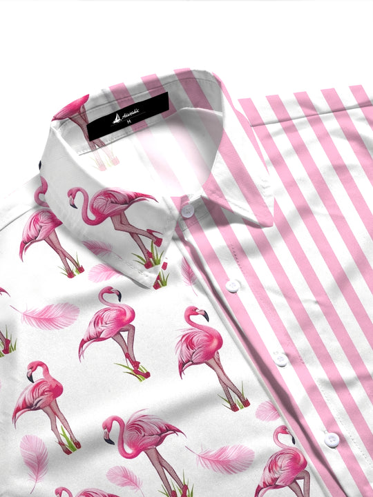 women's pink bird pattern shirt side view