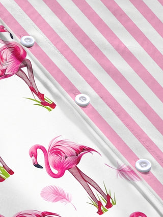women's pink flamingo stripe print short sleeve shirt flat lay