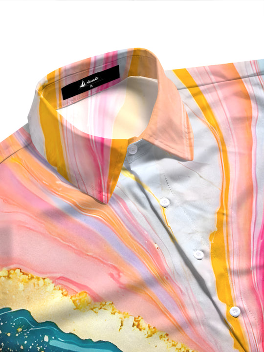 Women's abstract print short sleeve shirt, side view with fluid marble gold foil design