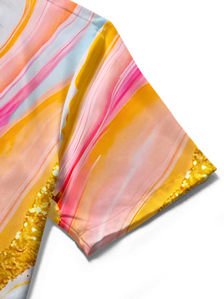 Women's abstract print gold foil marble short sleeve shirt close-up detail
