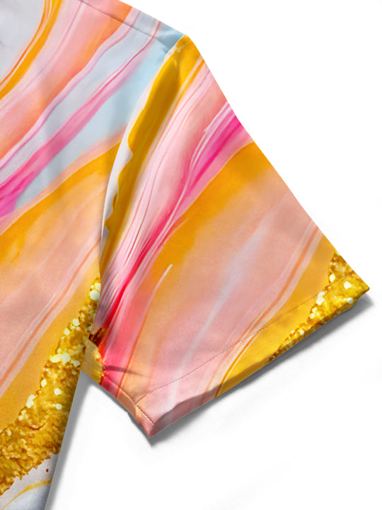 Women's abstract print gold foil marble short sleeve shirt close-up detail