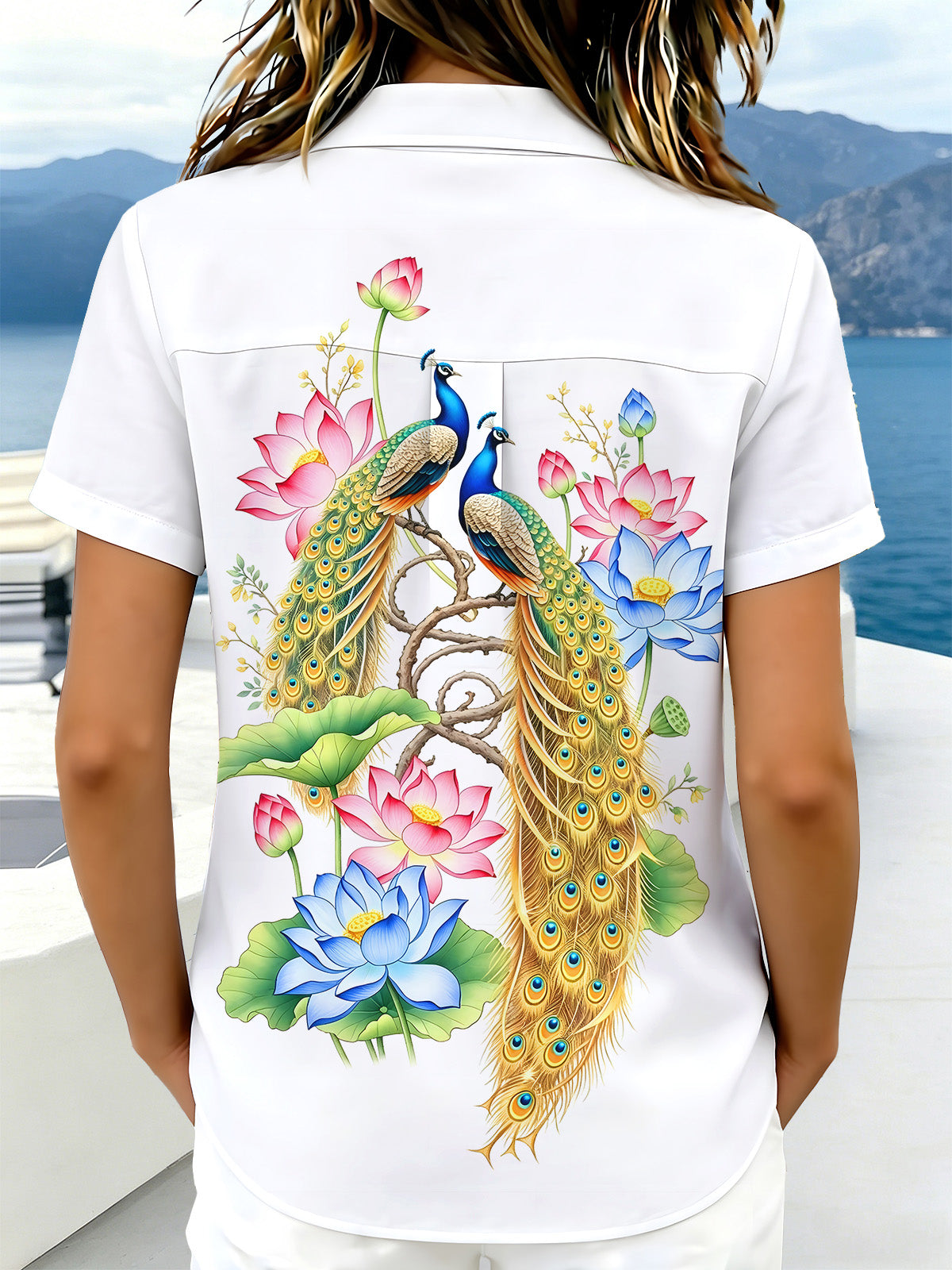 women's feather print shirt back view