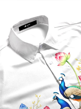 women's exotic bird pattern shirt side view