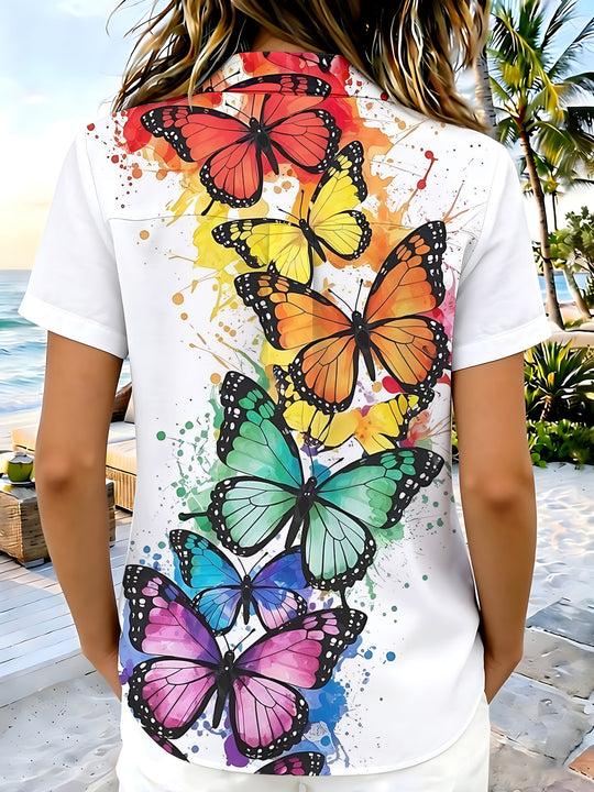 Vibrant Watercolor Butterfly Print Button-Down Short Sleeve Shirt