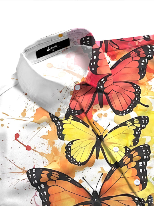 Vibrant Watercolor Butterfly Print Button-Down Short Sleeve Shirt