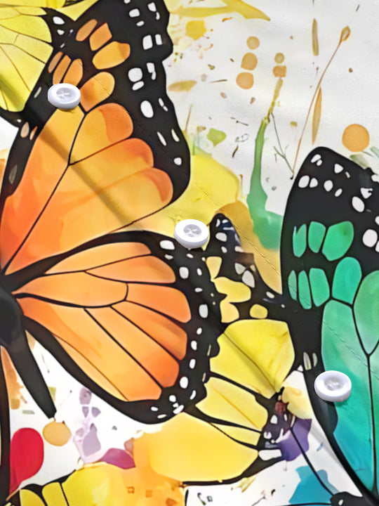 Vibrant Watercolor Butterfly Print Button-Down Short Sleeve Shirt