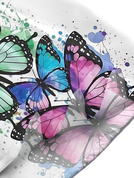 Vibrant Watercolor Butterfly Print Button-Down Short Sleeve Shirt