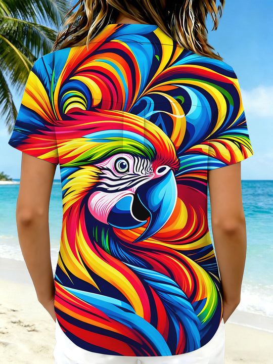 Colorful Parrot Abstract Art Hawaiian Women's Short Sleeve Shirts
