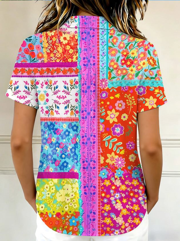 Bohemian Patchwork Floral Print Women's Short Sleeve Shirts