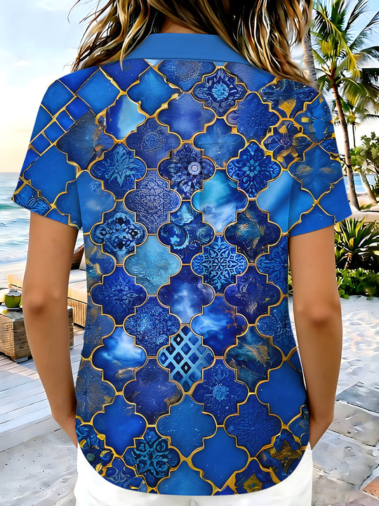 Geometric Blue Moroccan Tile Women's Short Sleeve Shirts