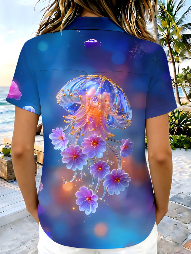 Dreamy Glowing Jellyfish And Flower Women's Short Sleeve Shirts