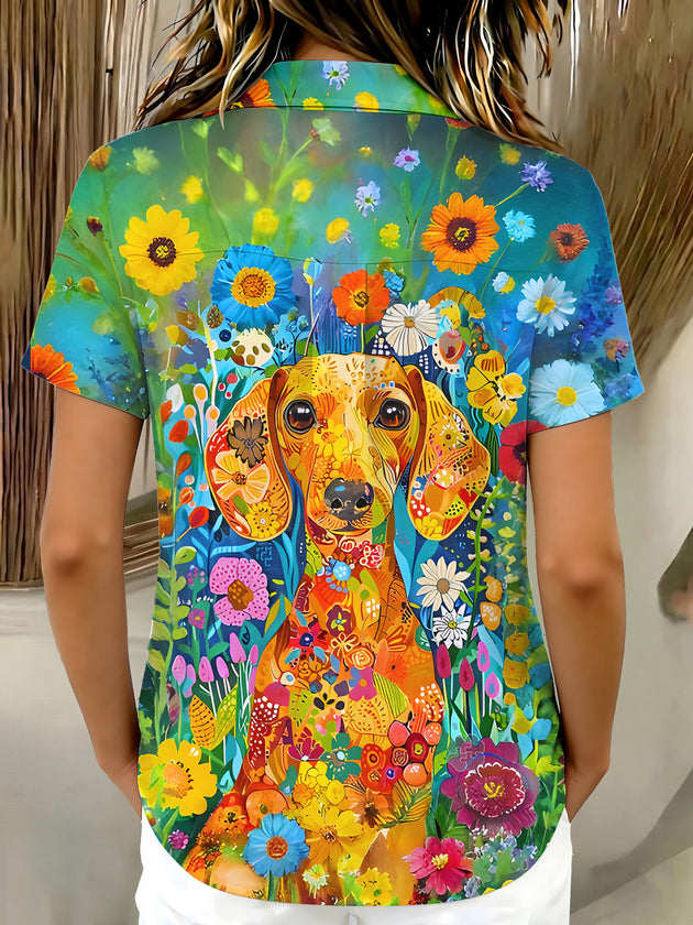 Colorful Floral Dachshund Art Women's Short Sleeve Shirts