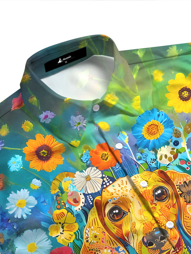 Colorful Floral Dachshund Art Women's Short Sleeve Shirts
