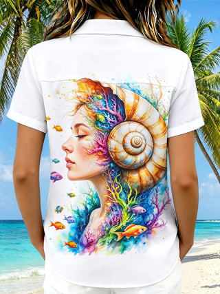 Hawaiian Art Ocean Conch Watercolor Portrait Women's Short Sleeve Shirts