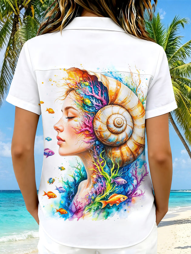 Hawaiian Art Ocean Conch Watercolor Portrait Women's Short Sleeve Shirts