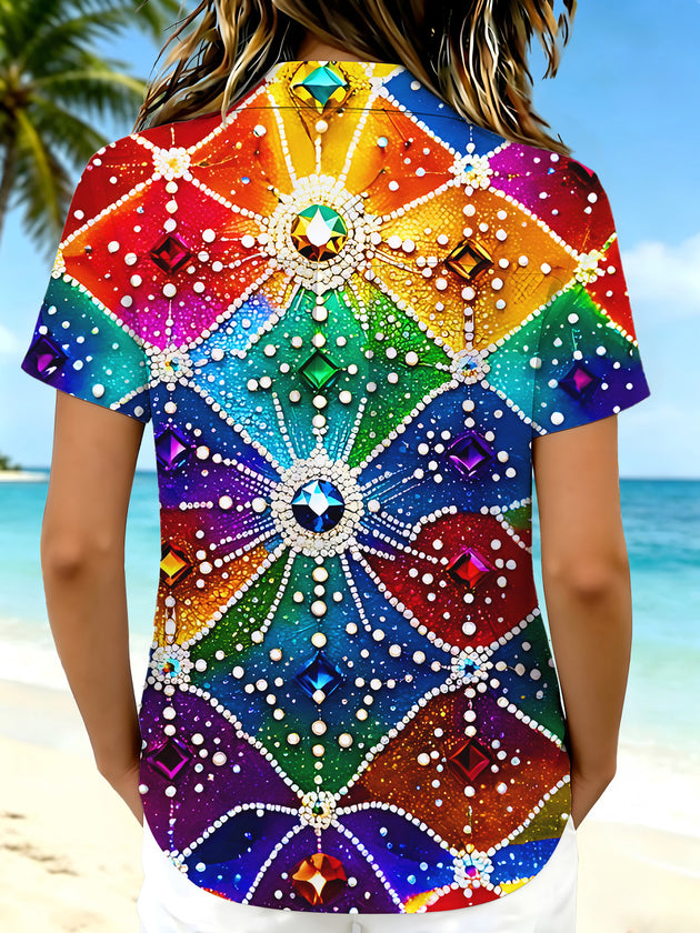 Colorful Gemstone Sparkle Women's Short Sleeve Shirts
