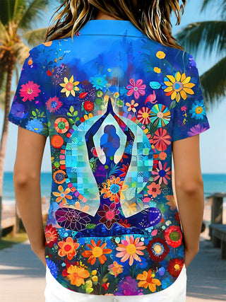 Colorful Floral Meditation Yoga Women's Short Sleeve Shirts