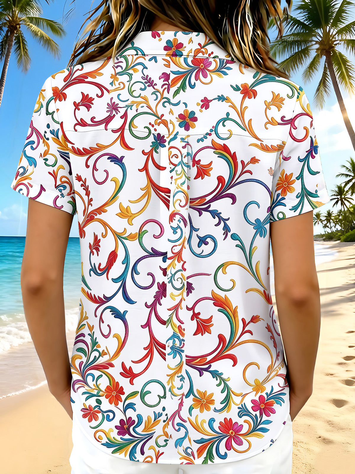 Colorful Floral Scroll Women's Short Sleeve Shirts