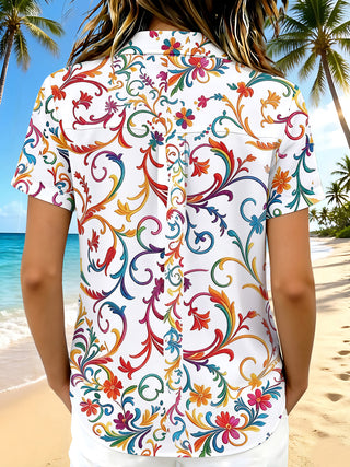 Colorful Floral Scroll Women's Short Sleeve Shirts