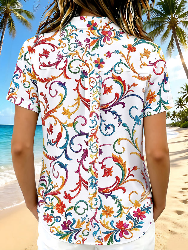 Colorful Floral Scroll Women's Short Sleeve Shirts