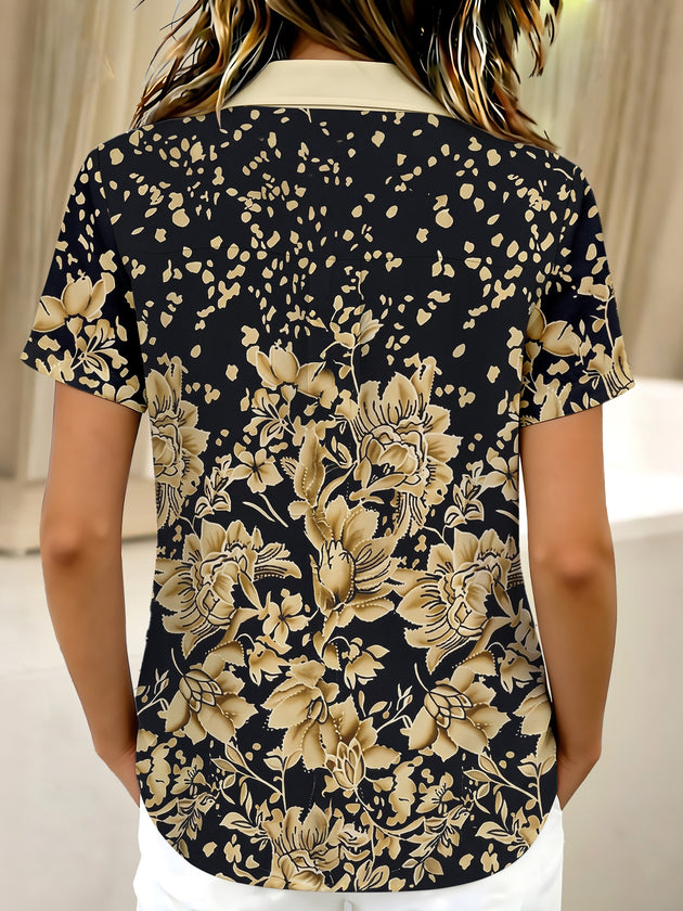 Retro Black Gold Flower Women's Short Sleeve Shirts