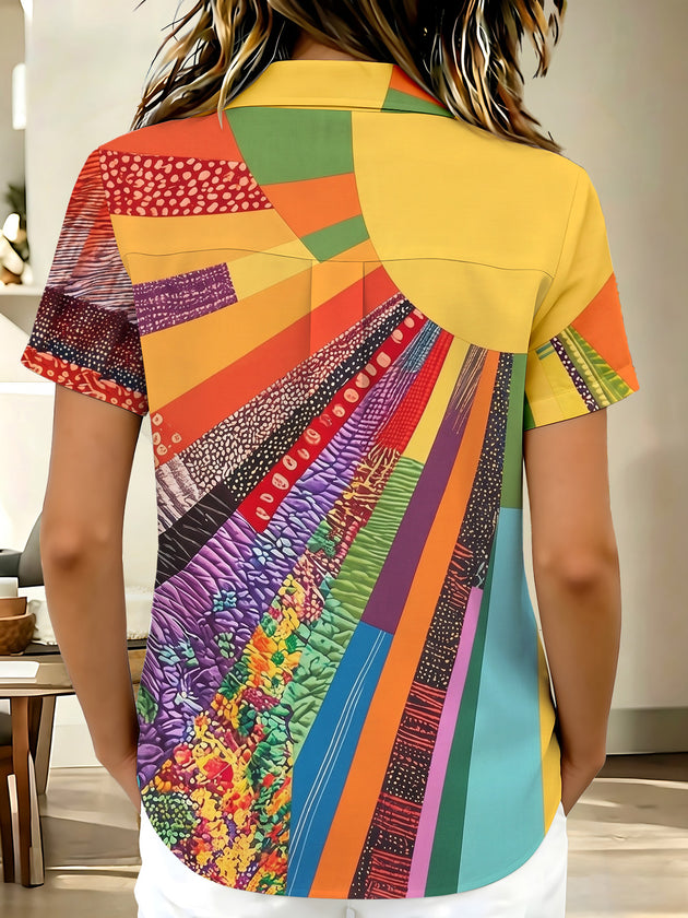 Vintage Bohemian Patchwork Color Block Women's Short Sleeve Shirts