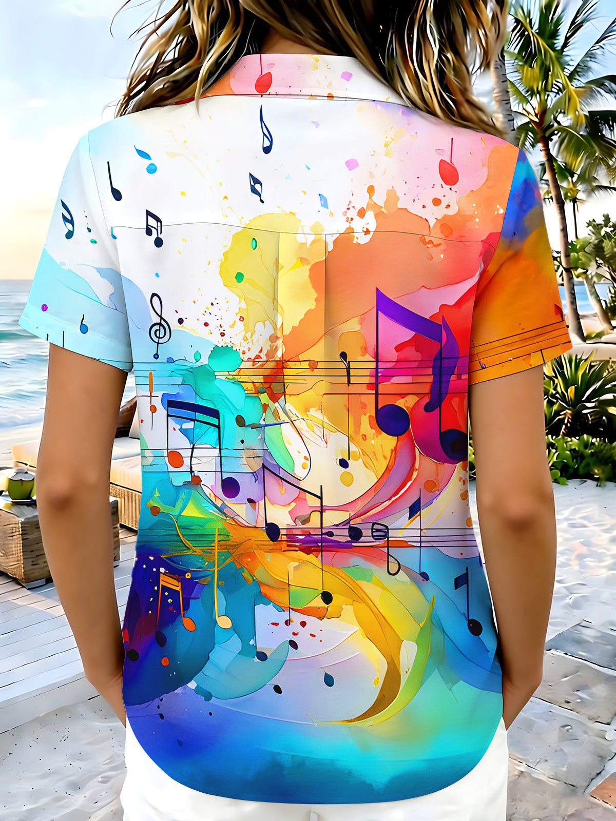 Colorful Watercolor Music Note Gradient Women's Short Sleeve Shirts