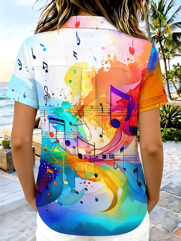 Colorful Watercolor Music Note Gradient Women's Short Sleeve Shirts