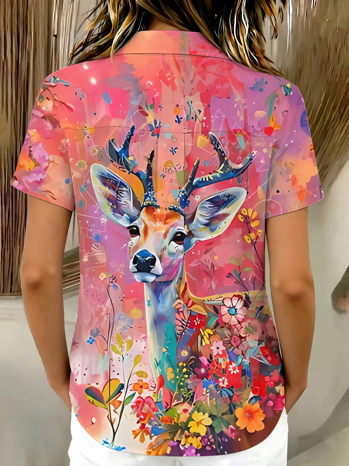 Watercolor Deer Floral Art Women's Short Sleeve Shirts