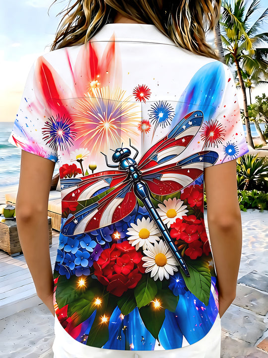 American Flag Dragonfly Floral Fireworks Independence Day Women's Short Sleeve Shirts