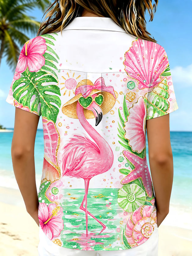 Hawaiian Tropical Flamingo Floral Women's Short Sleeve Shirts