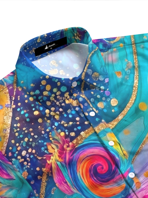 Art Watercolor Colorful Gradient Gold Tropical Abstract Flowers Women's Short Sleeve Shirts