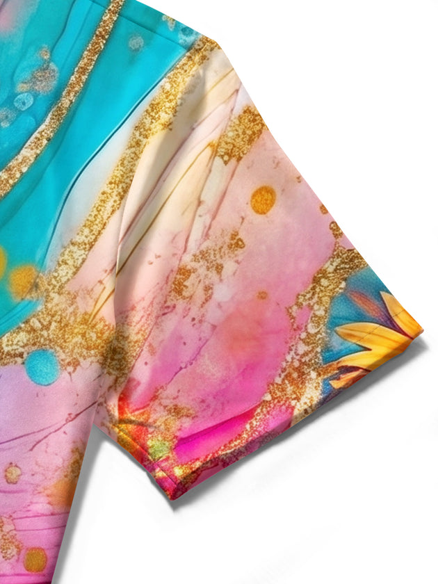 Art Watercolor Colorful Gradient Gold Tropical Abstract Flowers Women's Short Sleeve Shirts