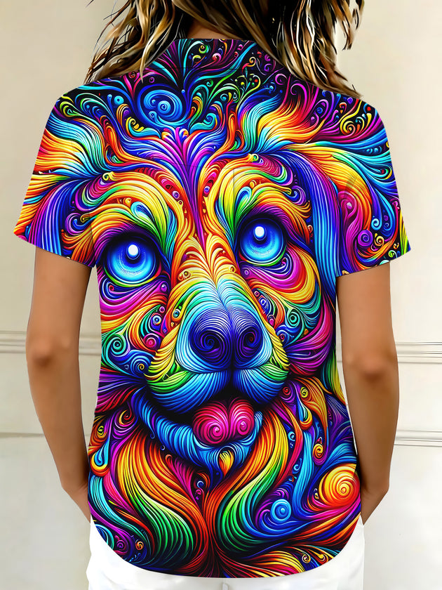 Psychedelic Colorful Dog Women's Short Sleeve Shirts