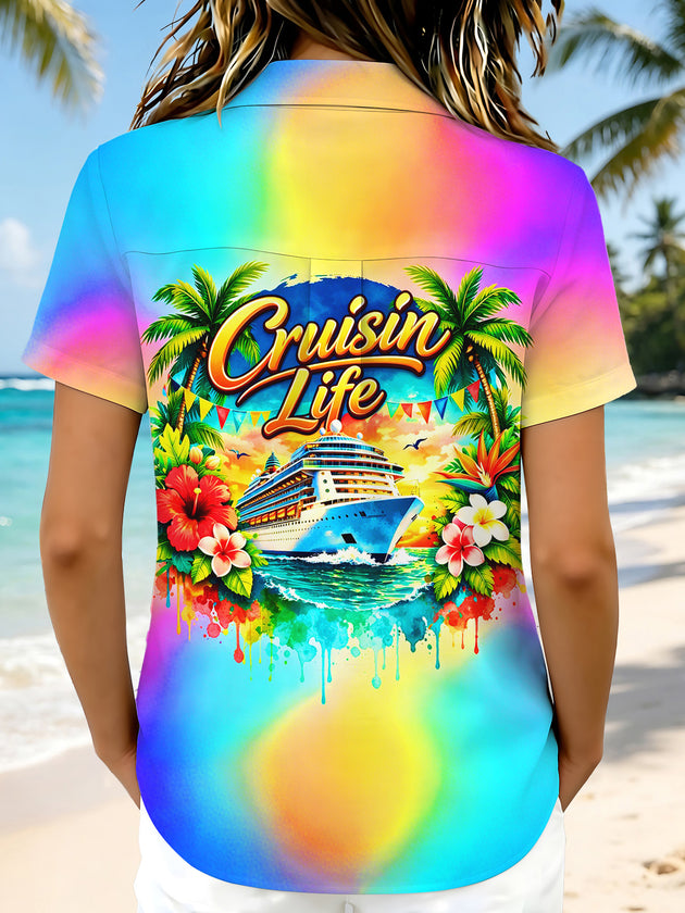 Hawaiian Cruise Vacation Gradient Color Women's Short Sleeve Shirts